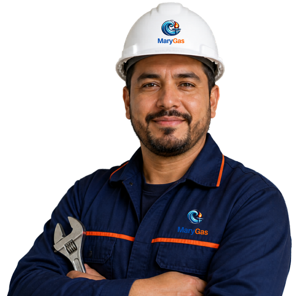 Técnico MaryGas con casco amarillo y llave stillson